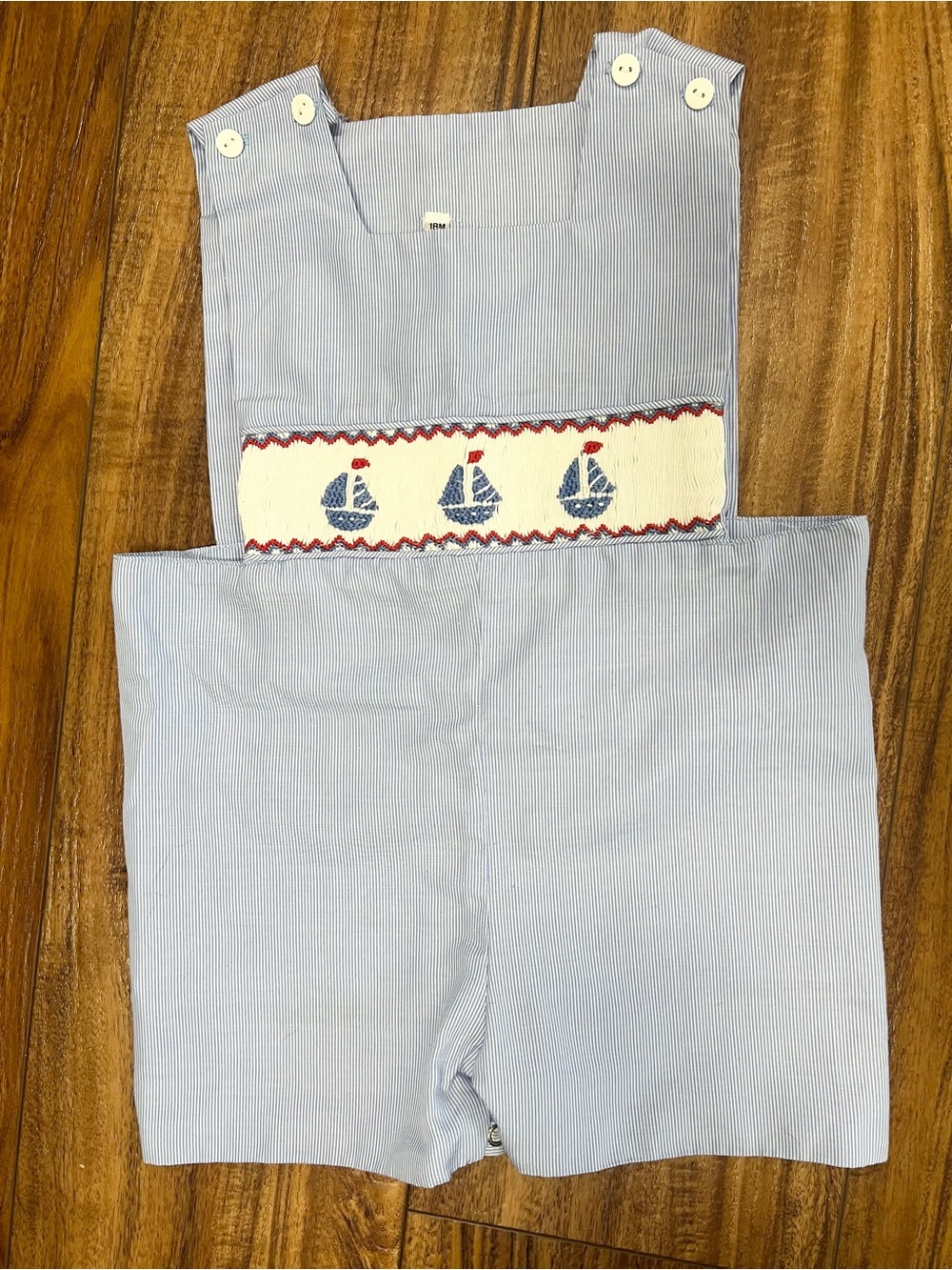 Smocked Sailboat Baby Romper Red White Blue Striped 18M